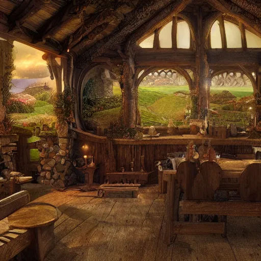 Image similar to Hobbiton house interior in the evening, detailed matte painting, cinematic, Alan Lee, Artstation