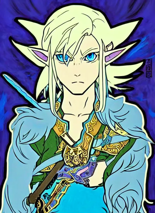 Image similar to link as the fierce diety form with white hair!! from the legend of zelda!! portrait illustration, pop art, splash painting, art by geof darrow, ashley wood, alphonse mucha, makoto shinkai