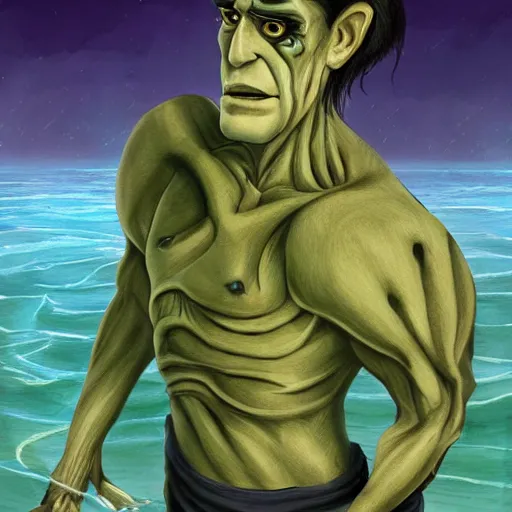 Image similar to handsome frankenstein in the lake, soft shading, fantasy illustration, gentle monster, beautiful monster