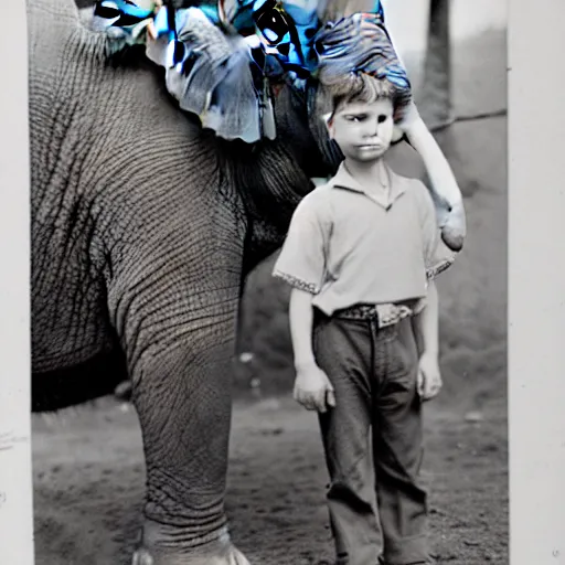 Image similar to extremely detailed black and white photo by john l. gaunt of a small boy standing next to an elephant. extreme focus of the face.