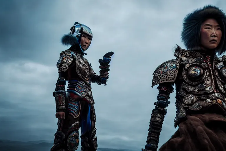 Image similar to vfx film closeup, futuristic mongolian biker warriors, sci - fi mongolian village, robot stand - off, flat color profile low - key lighting award winning photography arri alexa cinematography, hyper real photorealistic cinematic, atmospheric cool colorgrade