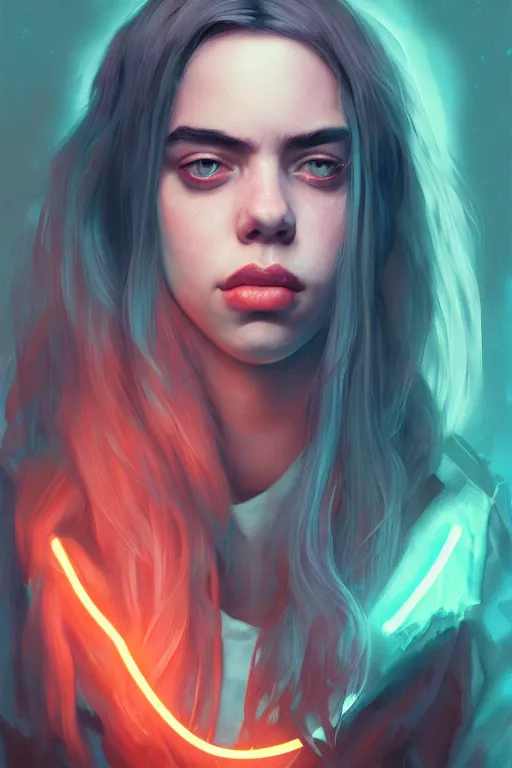 Image similar to portrait of a Billie eilish with a scaly skin and biotechnical parts and neon light by Artgerm and Greg Rutkowski , digital painting, highly detailed, trending on artstation