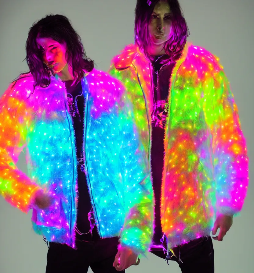 Prompt: autumn season rave jacket with led skin and fluffy lining in the style of cyberdog, futuristic psychedelic hippy, product shot, dark background, neon lighting