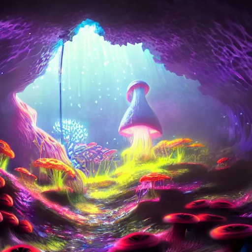 Prompt: deep sea cave, fantasy, neon mushrooms, illuminated by mushrooms, scenic underground environment, anime underwater landscape, cave, 8k, digital art, trending on art station