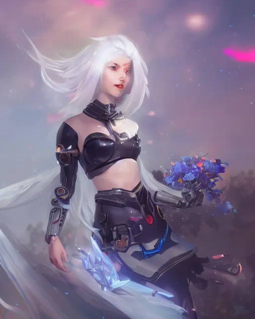 Image similar to cyborg girl with white hair and black skirt, flower decorations, dreamy, beautiful illustration, scifi, radiant, atmosphere, harmony, top lighting, blue eyes, focused, perfect composition, artstation, highly detailed, art by yuhong ding and chengwei pan and serafleur and ina wong