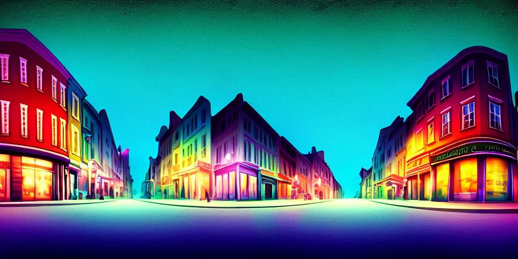 Image similar to curved perspective digital art of a summer night small town street pastel colors by petros afshar and tim burton, 1 5 º camera angle