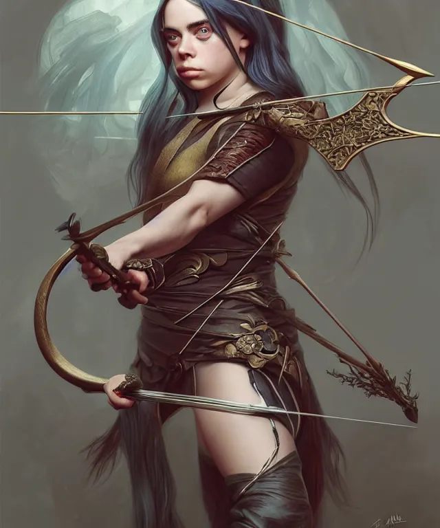 Prompt: Billie Eilish as a fantasy elf with a bow and arrow, portrait, fantasy, intricate, elegant, highly detailed, digital painting, artstation, concept art, smooth, sharp focus, illustration, art by artgerm and greg rutkowski and alphonse mucha
