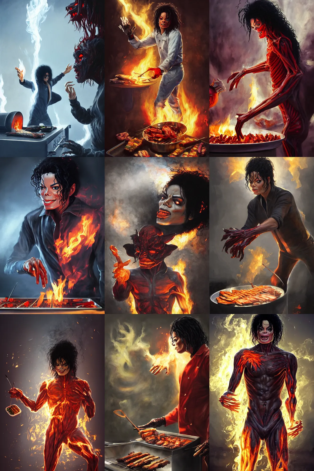 Image similar to michael jackson cooking a bbq as a demon, anatomy, bathed in light, highly detailed, photorealistic, artstation, smooth, sharp focus, illustration, unreal engine 5, 8 k, art by artgerm and greg rutkowski and edgar maxence