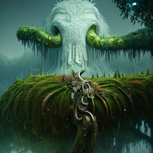 Image similar to a giant creature in a lush trunda vegetation, snow snow :: by Michal Karcz, Daniel Merriam, Victo Ngai and Guillermo del toro :: ornate, dynamic, particulate, intricate, elegant, highly detailed, centered, artstation, smooth, sharp focus, octane render, 3d