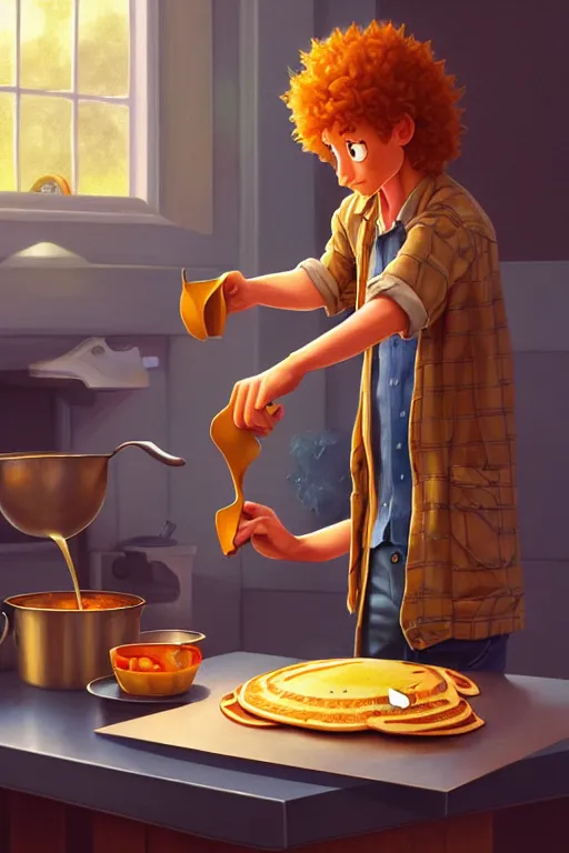 Prompt: young arlo guthrie making pancakes, animation pixar style, by pendleton ward, magali villeneuve, artgerm, rob rey and kentaro miura style, golden ratio, trending on art station