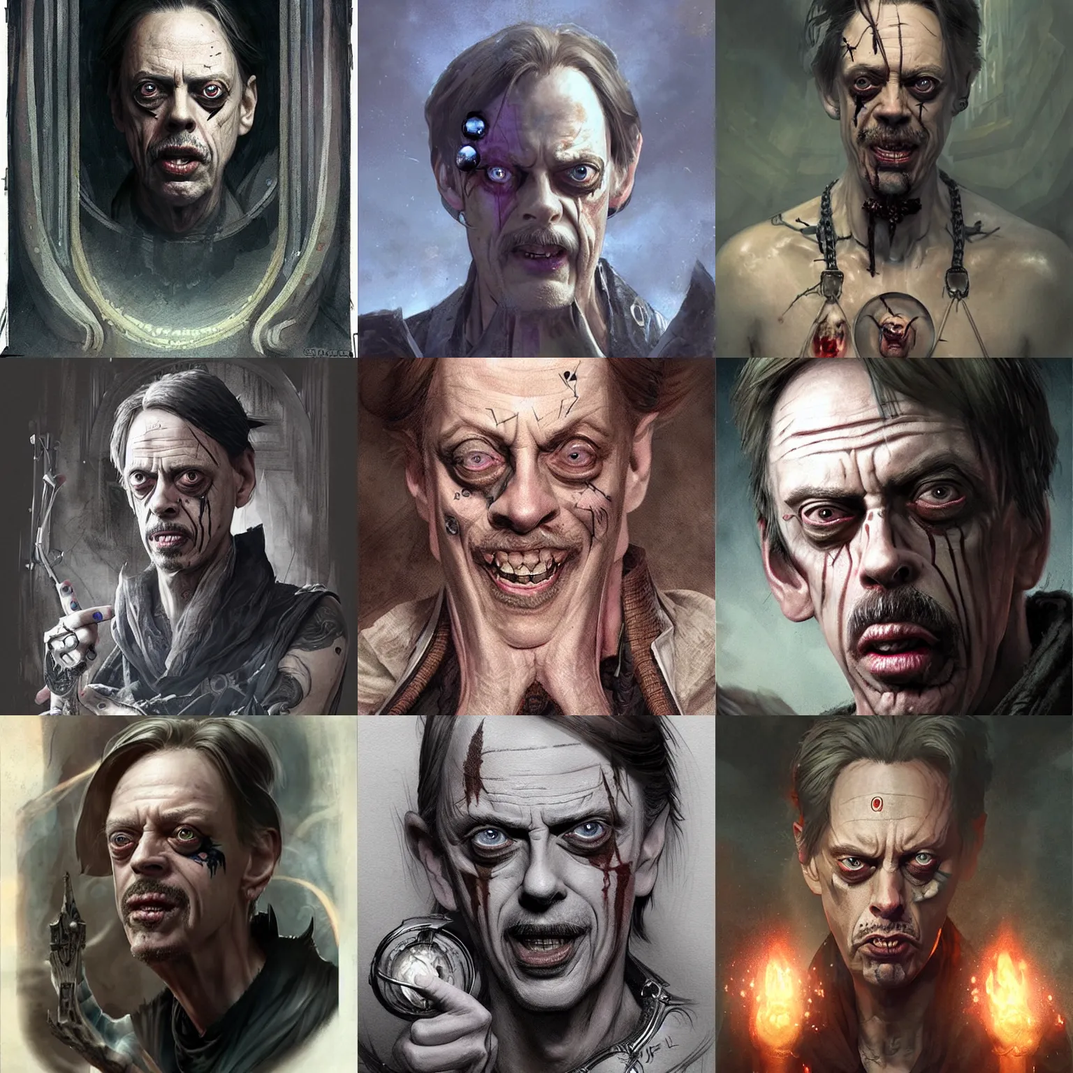 Prompt: Steve Buscemi as a mad, evil alchemist with tatoos on his face, fantasy concept art by J.Dickenson and Greg Rutkowski