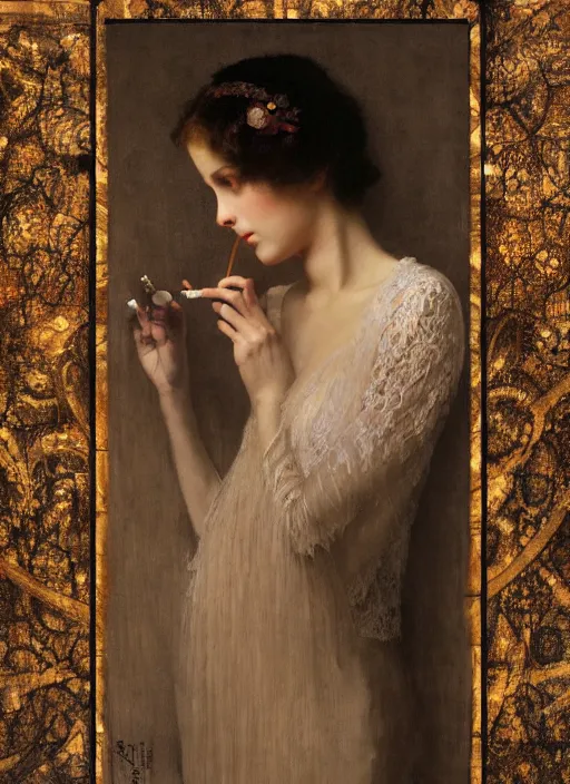 Image similar to a romantic photo of a woman in a dark room wearing lace smoking a cigarette advertisement photography by mucha, nick alm, ruan jia, norman rockwell, greg rutkowski, greg manchess, ethereal, dark, candlelight, pagan, extremely coherent, sharp focus, elegant, sharp features, render, octane, detailed, award winning photography, masterpiece, rim lit