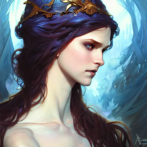 Image similar to Portrait of fairy woman, D&D, blue eyes, face, fantasy, intricate, elegant, highly detailed, digital painting, artstation, concept art, smooth, sharp focus, illustration, art by artgerm and greg rutkowski and alphonse mucha