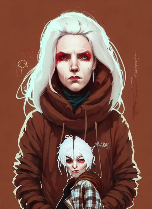 Image similar to highly detailed portrait of a sewer punk canadian lady, tartan hoody, white hair by atey ghailan, by greg rutkowski, by greg tocchini, by james gilleard, by joe fenton, by kaethe butcher, gradient red, brown, blonde cream and white color scheme, grunge aesthetic!!! ( ( graffiti tag wall background ) )