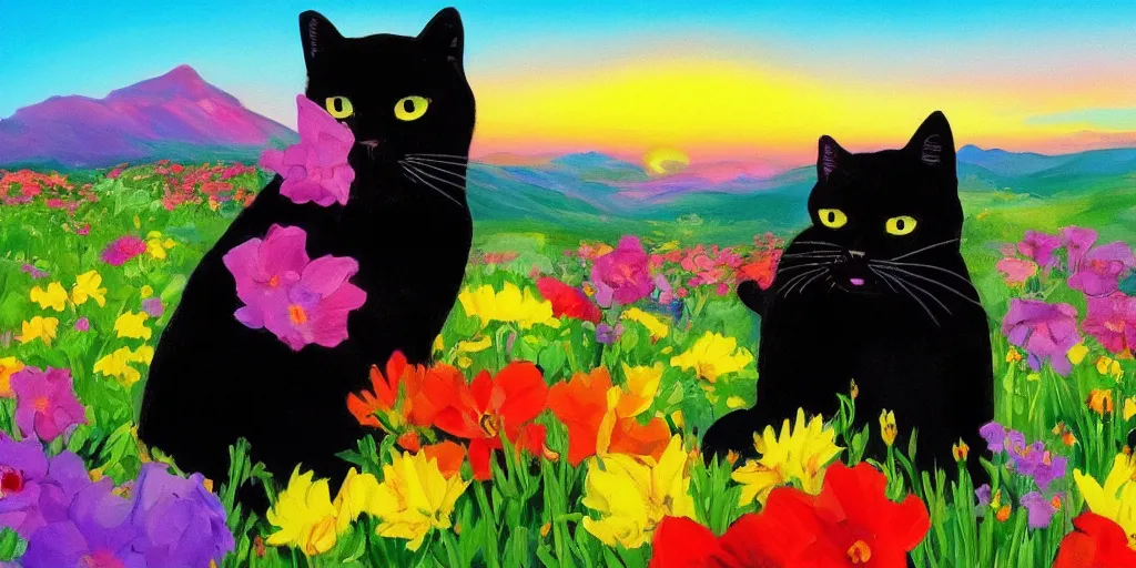 Prompt: beautiful black cat in a field of flowers, mountain sunrise, painted by Peter Max, detailed , clear, trending on artstation