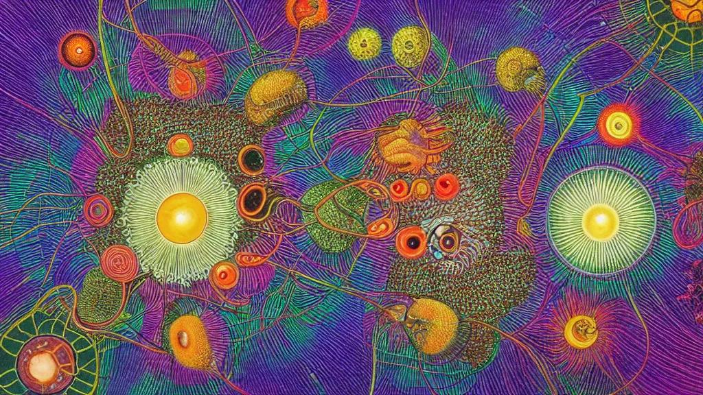 Image similar to quantum connections represented as symbiotic organisms like cells playing around with colorful lights by ernst haeckel, solid