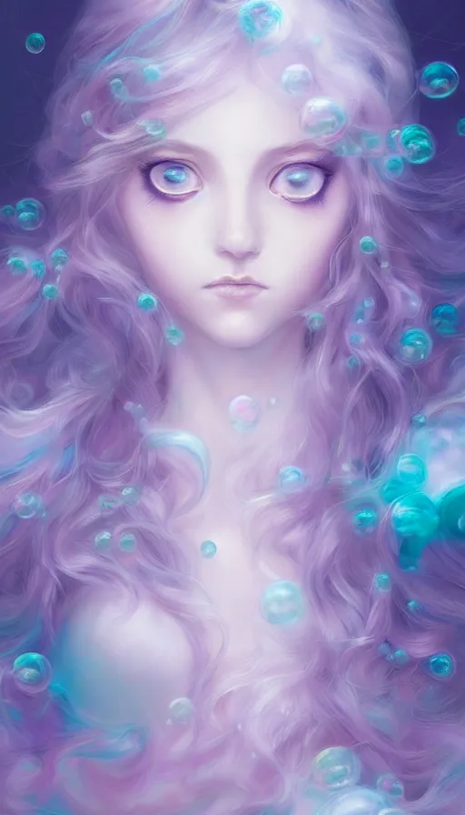 Image similar to portrait of magical ghost girl, ethereal , cloudy, transparaît, gradient white cyan, dreamy and ethereal, (colour) eyes, peaceful expression, ornate frilly dress, fantasy, intricate, elegant, rainbow bubbles, highly detailed, digital painting, artstation, concept art, smooth, sharp focus, illustration, art by artgerm and greg rutkowski and alphonse mucha