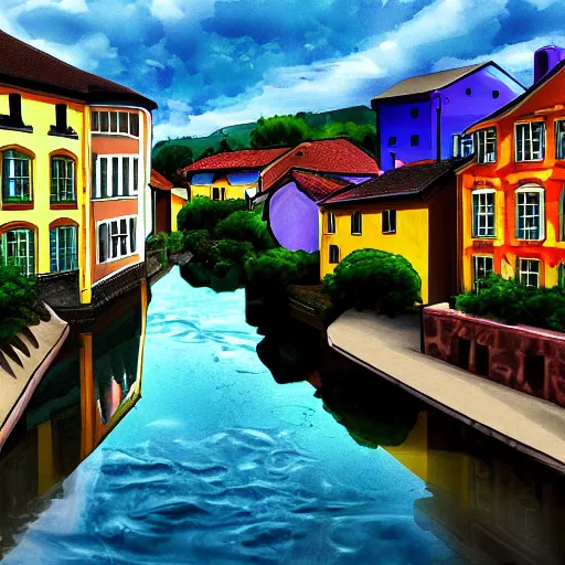 Image similar to digital art painting of a river running through a european town, very mediocre, not detailed at all.