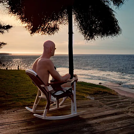 Prompt: tall bald skinny swedish man sitting in swimming shorts on a rocking chair overlooking the ocean during a beautiful the sun sets. calm, relaxing and serene. highly detailed. hassleblad f 1 1 3 5 mm