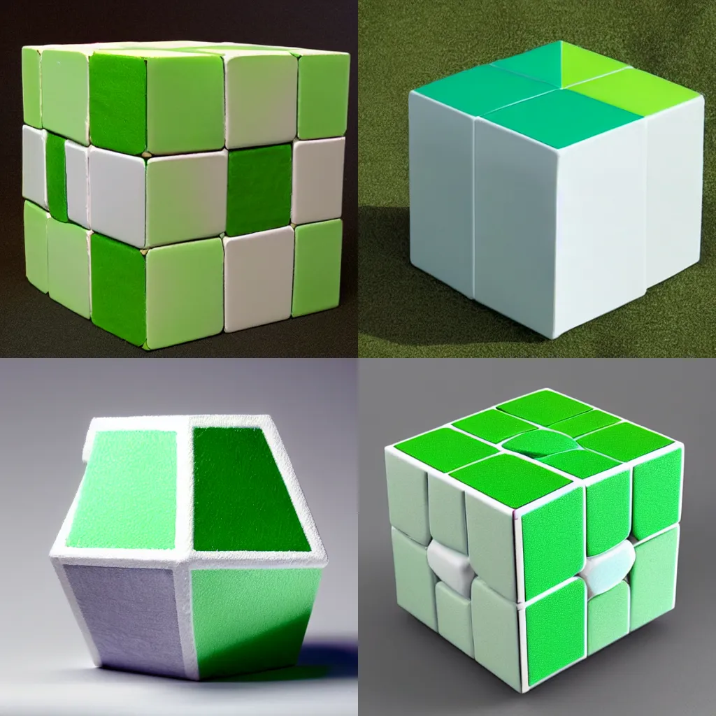 Prompt: A cube divided into two equal-sized sections, one colored in green and one in white