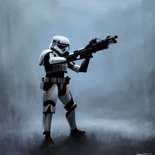 Image similar to an extremely long shot of an imperial stormtrooper in battle position ready to shoot his blaster concept art by Doug Chiang cinematic, realistic painting, high definition, very detailed, extremely high detail, photo realistic, concept art, the Mandalorian concept art style