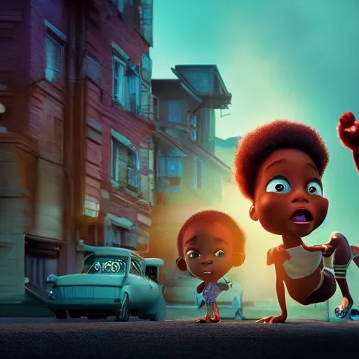 Image similar to stunning, coherent, impressive, still of black family, follow shot, 3d, in the style of pixar, comic book style, 3d, highly detailed, 16k resolution, octane renderer, coherent, cinematic lighting