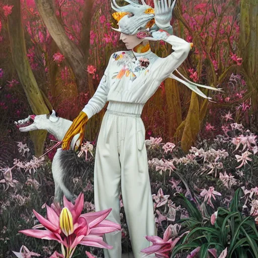 Image similar to pretty model with white wolf, white lilies : : by martine johanna and simon stalenhag and chie yoshii and casey weldon and wlop : : ornate, dynamic, particulate, rich colors, intricate, elegant, highly detailed, vogue, wolf, harper's bazaar art, fashion magazine, smooth, sharp focus, 8 k, octane render