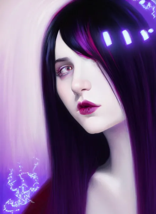 Image similar to portrait of teenage girl with white bangs, red irises, black hair, purple clothes, white bangs, bangs are different color from hair, intricate, front of hair is white rest is black, elegant, glowing lights, highly detailed, digital painting, artstation, concept art, smooth, sharp focus, illustration, art by wlop, mars ravelo and greg rutkowski