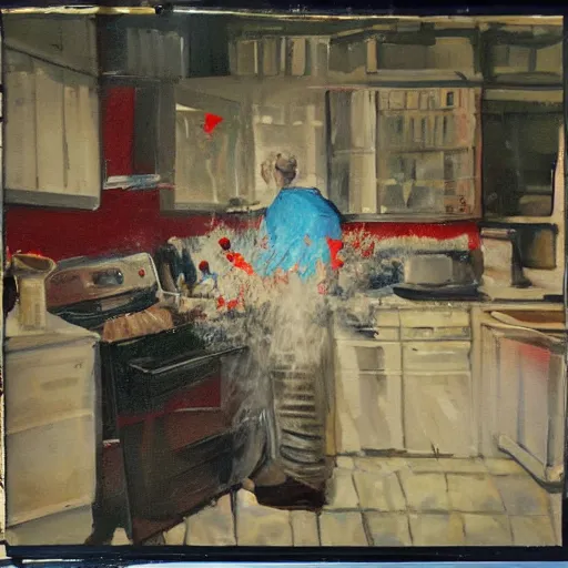Image similar to oil painting still of kitchen sink full of dirty dishes with red smoke coming out, angry man, high detail