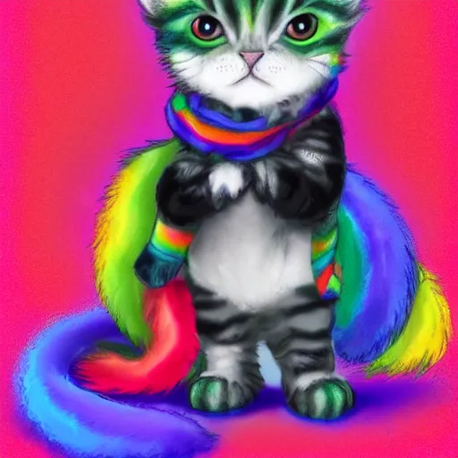 Image similar to wide angle full body, of a fluffy cute rainbow kitten wearing a black motorcycle jacket, concept art