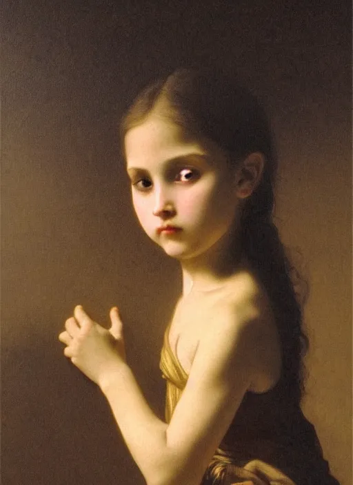 Prompt: shadows in the dark lurking on a lost little girl wearing a gold cloak, backlight, creepy, extremely realistic and highly detailed painting by william - adolphe bouguereau and caravaggio, soft light, gold ratio