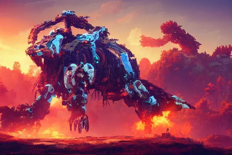 Image similar to fireclaw machine mecanical creature robot of horizon forbidden west horizon zero dawn bioluminiscence global illumination ray tracing hdr fanart arstation by ian pesty and alena aenami artworks in 4 k