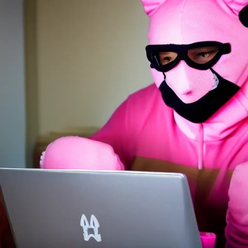 Prompt: Stock photo of a human burglar wearing a ski mask hacking into a pink Hello Kitty computer, funny, bizzare