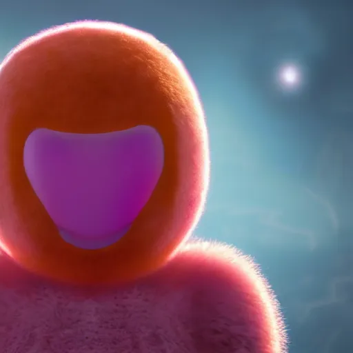 Image similar to an alien with a face that looks like a fuzzy peach the peach is fuzzy pink warm and ripe the alien has horns and a mean smile, 4k, highly detailed, high quality, amazing, high particle effects, glowing, majestic, soft lighting