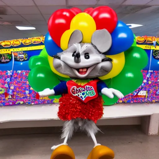 Prompt: photo of chuck e. cheese mouse mascot as a pinata