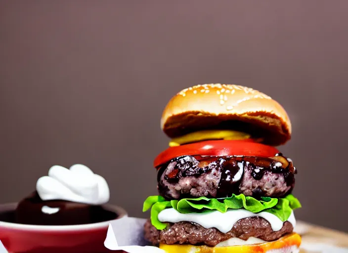 Image similar to dslr food photograph of burger with a layer of marshmallows in it, chocolate sauce, 8 5 mm f 1. 8