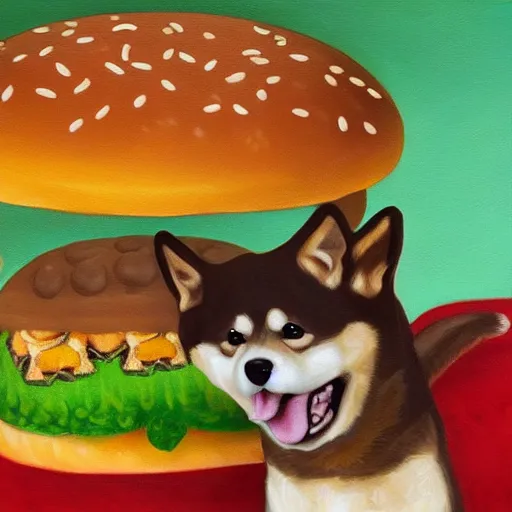 Image similar to a shiba inu dog inside a magical hamburger revealing your fate, oil painting