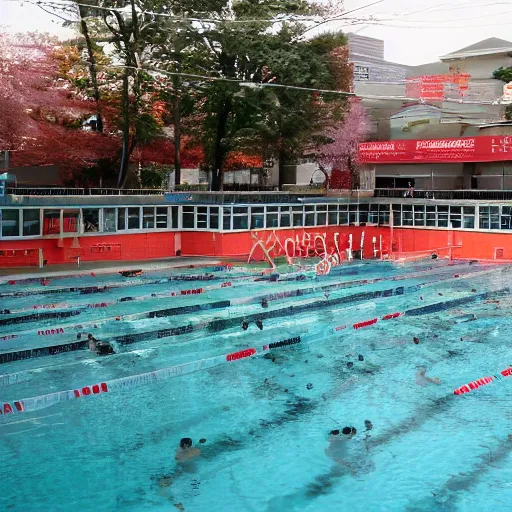 Image similar to highly detailed photo of a public pool filled with kimchi, trending on flickr