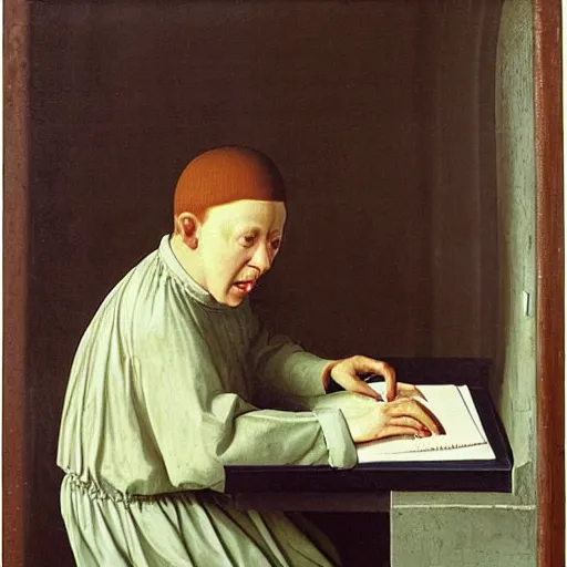 Image similar to a boy desperately typing on a laptop keyboard, frustrated, visibly angry, in the style of Van Eyck