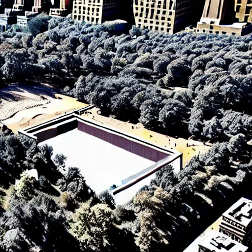 Prompt: egyptian excavation in central park new york drone footage shot on arri alexa flat light high detail blue sky desaturated