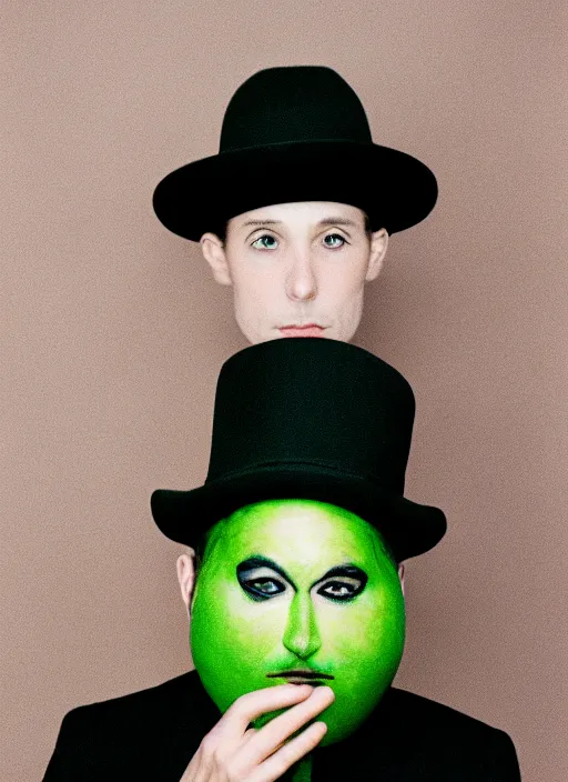 Image similar to a fashion portrait photograph of a man in a black suit wearing a black bowler hat with face painted as a green apple, 3 5 mm, color film camera,