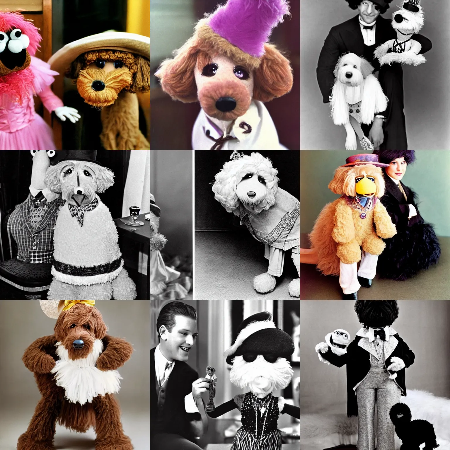 Prompt: a goldendoodle wearing 1920 female attire and a gatsby hat as a muppet in 1970