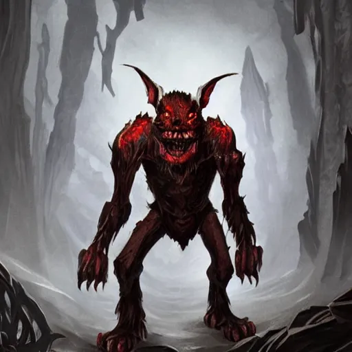 Prompt: a highly detailed goblin with coal colored skin and red eyes that glow, in a cave, like magic the gathering, goblin chainwalker, digital art, by christopher rush