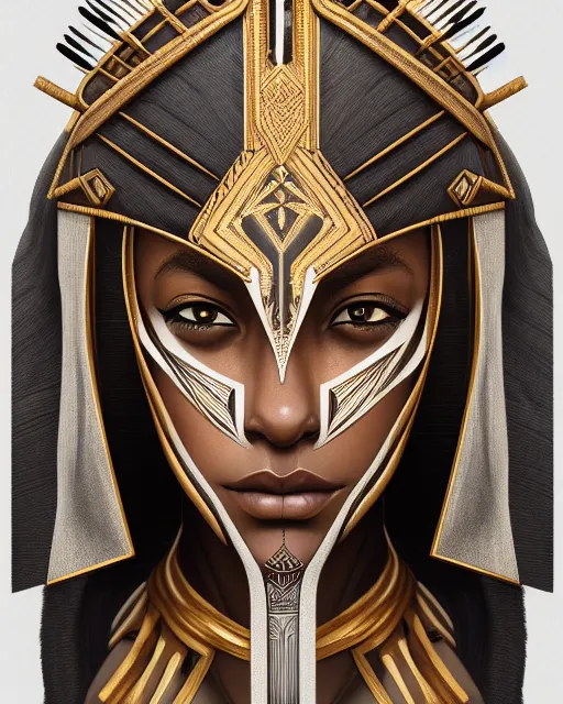 Image similar to symmetry, shaka zulu head dress, lines, machine face, intricate, elegant, highly detailed, digital painting, artstation, cgsociety, concept art, smooth, sharp focus, illustration, art by artgerm and greg rutkowski and alphonse mucha, 8 k