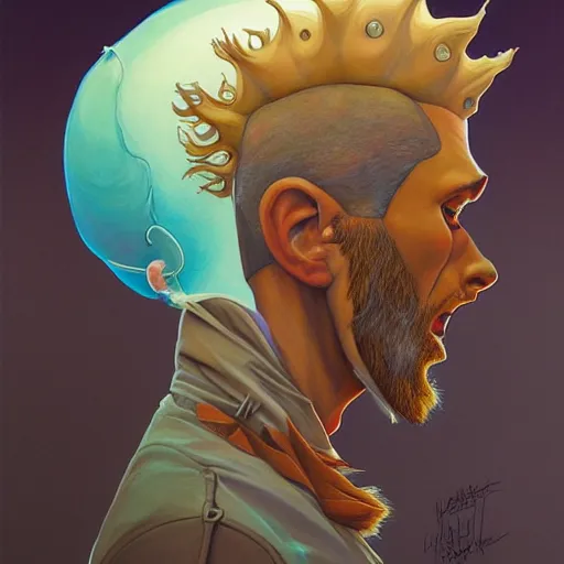 Image similar to humandesign mohawk projector portrait by gaston bussierre and charles vess and james jean and erik jones and rhads, inspired by rick and morty, epic, funny, huge scale, beautiful fine face features, intricate high details, sharp, ultradetailed