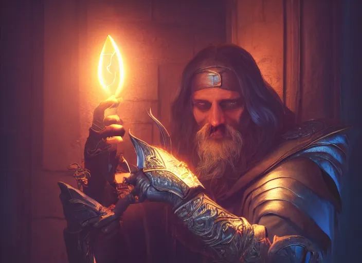 Image similar to Beautiful art portrait of a male wizard in a dark mystical dark dungeon setting, unreal 5, DAZ, hyperrealistic, octane render, dungeons and dragons, dynamic lighting