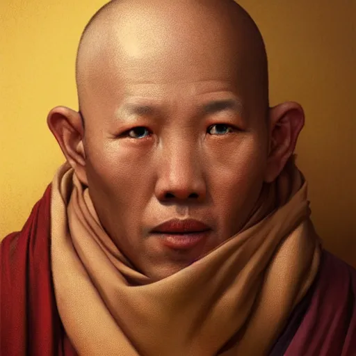 Image similar to portrait of a blindfolded monk in multicolored robes and a large straw hat, detailed face, highly detailed, cinematic lighting, digital art painting by greg rutkowski