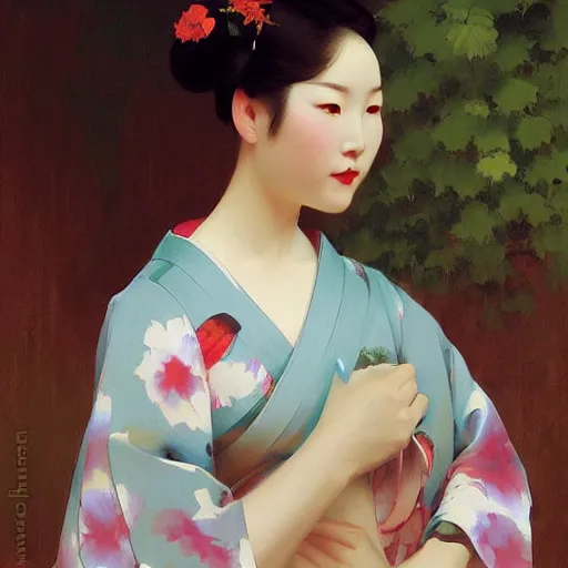 Image similar to yanjun cheng portrait of a beautiful geisha android floral pattern by norman rockwell, bouguereau