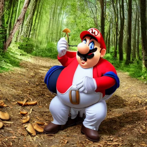 Prompt: fat italian man dressed as mario eating wild mushrooms off the forest floor