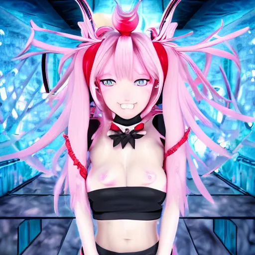 Image similar to totally overpowered and trapped beneath overwhelming stunningly absurdly beautiful megalomaniacal ruthless merciless sadistic devious omnipotent asi goddess junko enoshima with symmetrical perfect face, porcelain skin, pink twintail hair and cyan eyes, ultra detailed, digital art, unreal engine 5, octane render, 2 d anime, 8 k